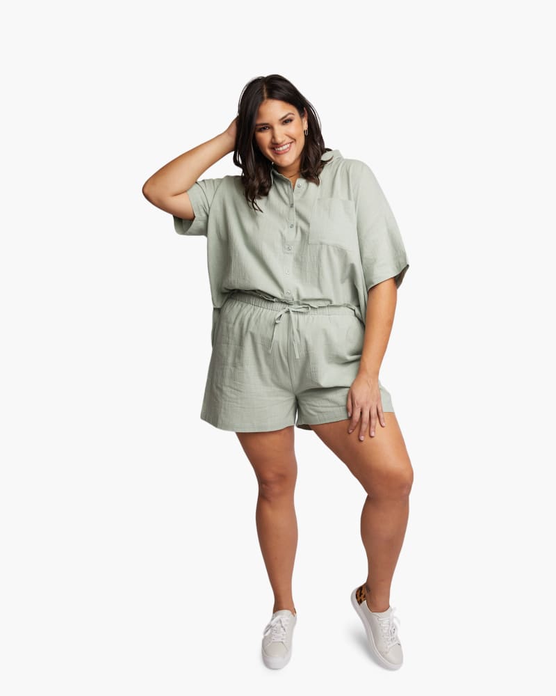 Front of a model wearing a size 1X Jordan Easy Short in Desert Sage by ABLE. | dia_product_style_image_id:290594